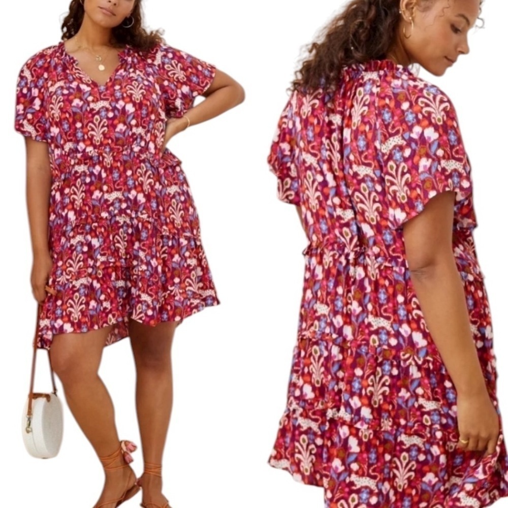Anthropologie Robin Boho Floral Ruffle Tiered Whimsical Mini Dress XS Raspberry